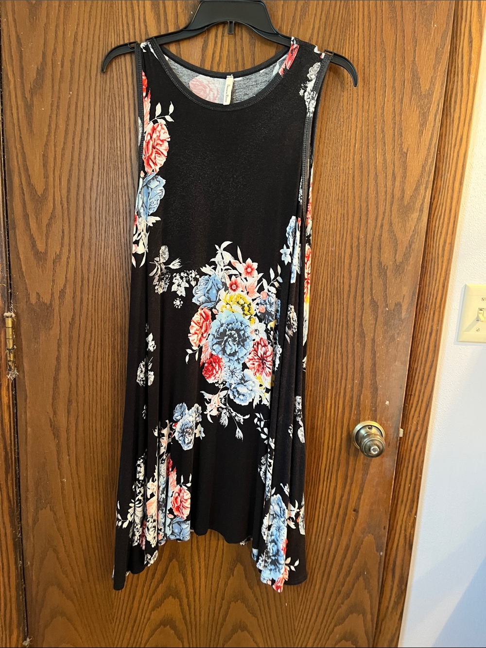 Beeson River Black Floral Midi Dress with Blue and Red Accents